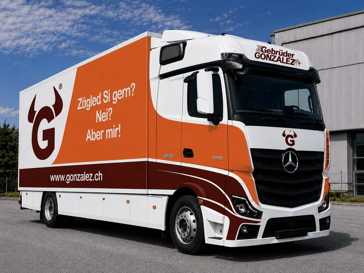 Mercedes-Benz Actros 1836 L der Gebrüder GONZALEZ AG mit JUNGE-Möbelkoffer, Seitenansicht