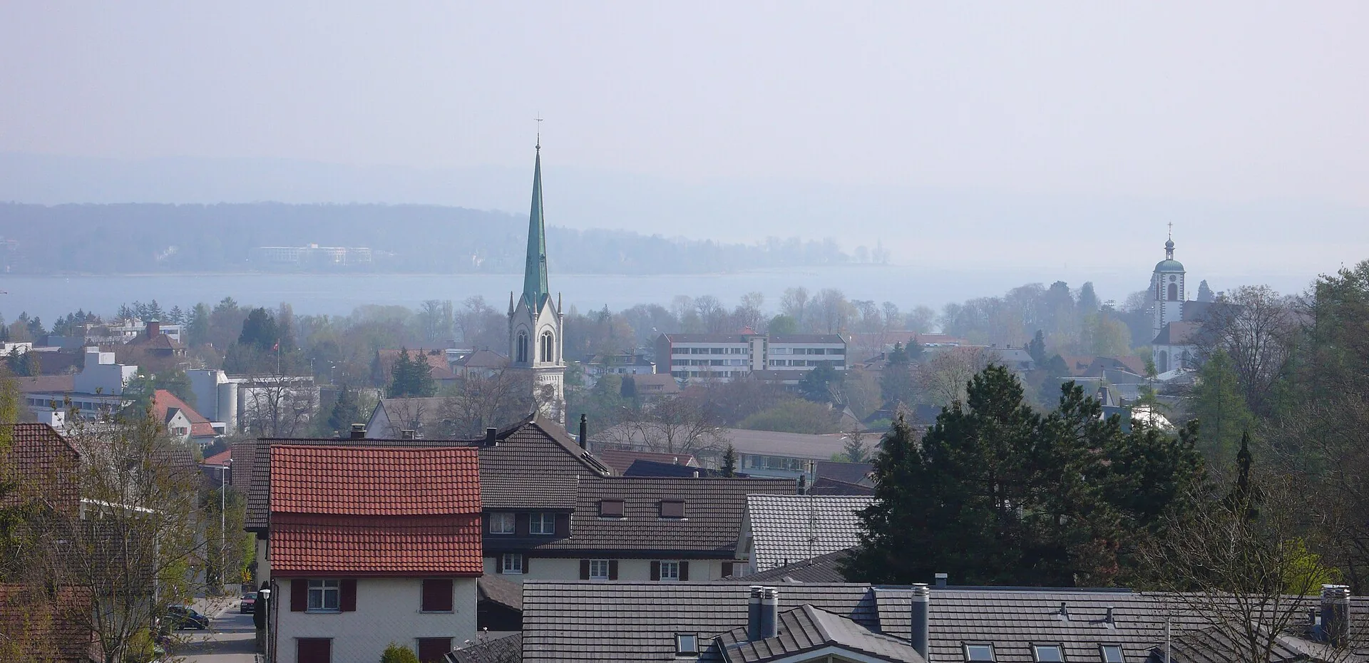 Blick über die Dächer von Kreuzlingen mit den Kirchtürmen von Egelshofen und St. Ulrich, dahinter der Bodensee