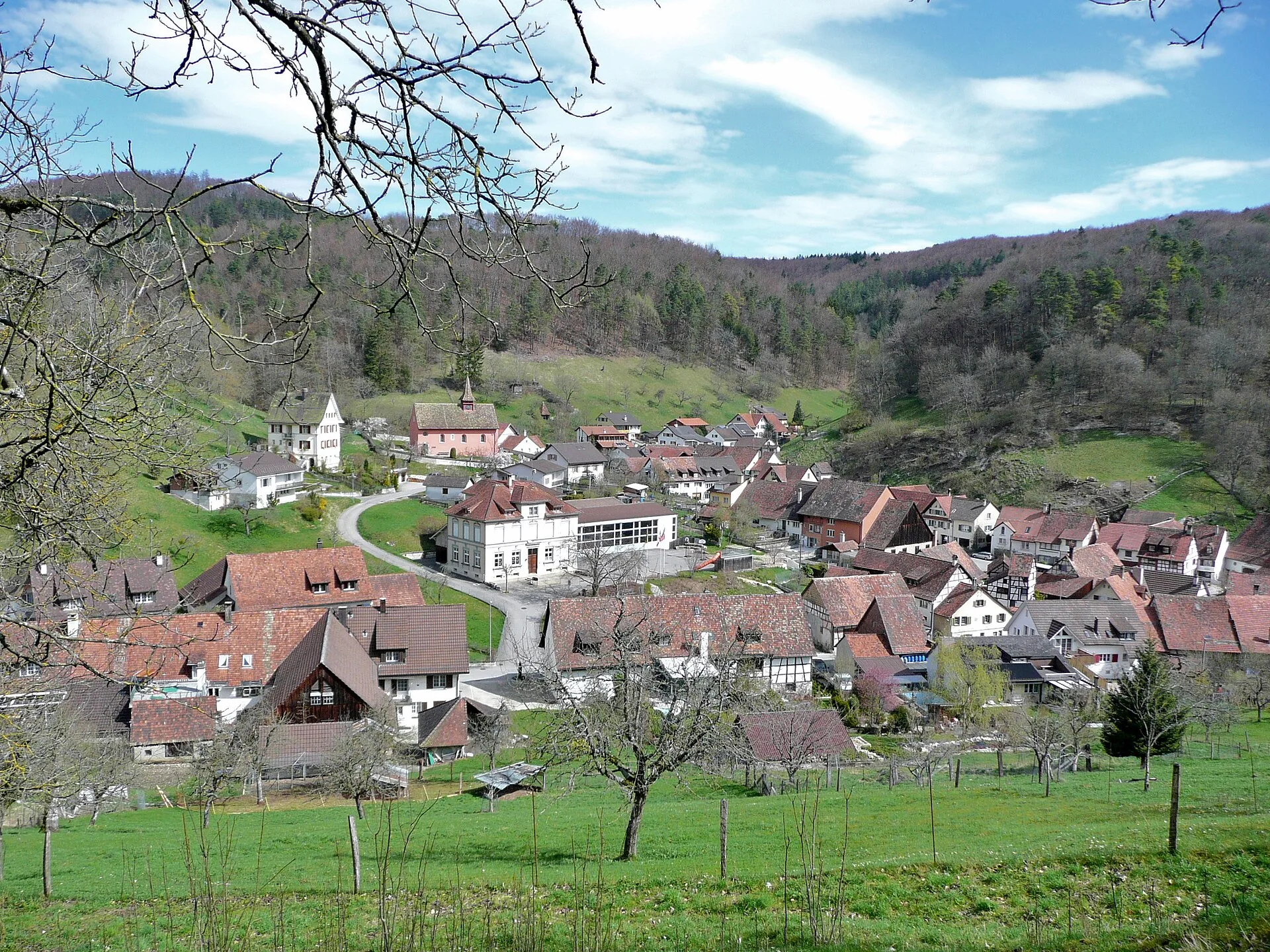 Hemmental im Frühling mit Dorfkern, Kirche und Randenhängen